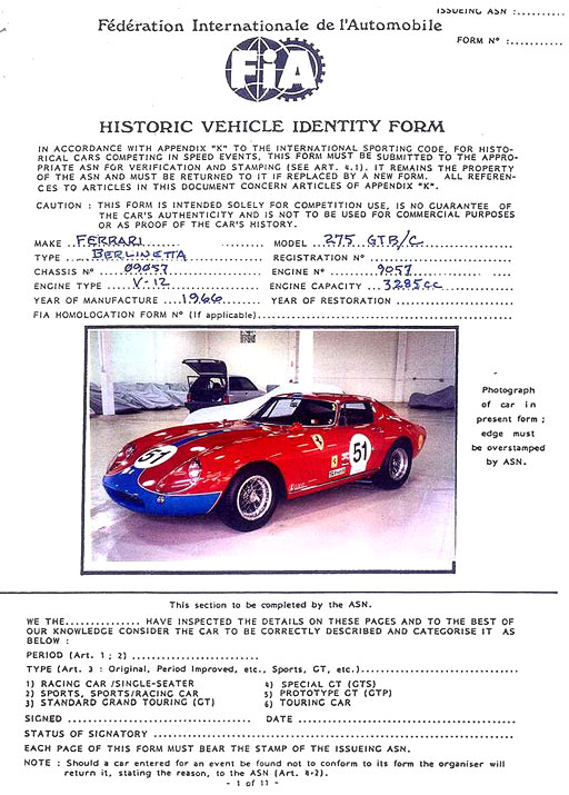 1966 Ferrari 275 GTB/C Competizione Chassis # 9057 GT - FIA Papers