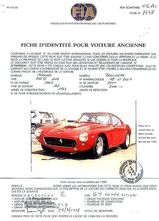 1962 Ferrari 250 SWB Berlinetta Chassis #3401 GT - FIA Papers